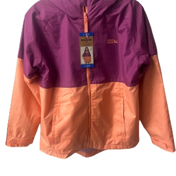 NWT Eddie Bauer Kids' Purple and Orange Raincoat 3-in-1 Jacket Sz. L 14/16 - Picture 2 of 9